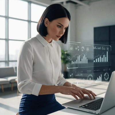 Business professional analyzing conversion rate data on a laptop with AI insights