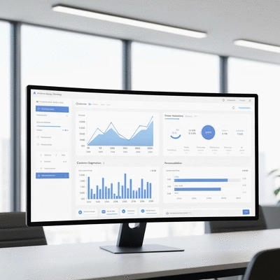 AI-driven marketing strategy dashboard showing analytics and personalization, clean image
