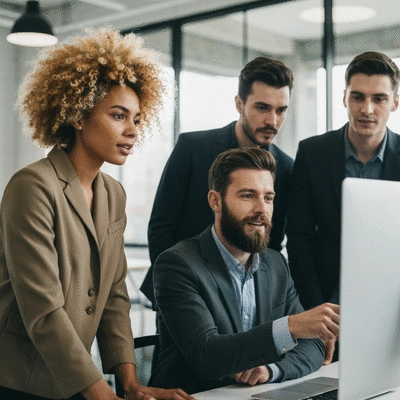 Diverse team collaborating on AI strategy in a modern office