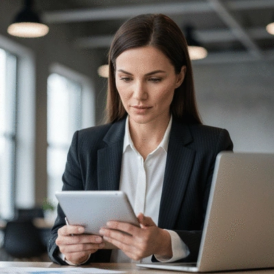Small business owner reviewing data on a tablet, focused and professional