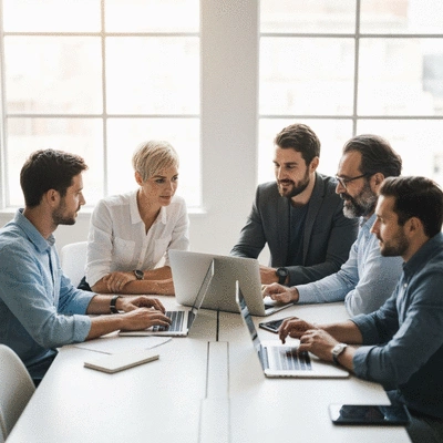 Business team collaborating around a table with laptops, discussing AI lead generation strategies