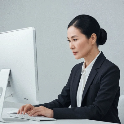 Professional using AI review tools on a computer to analyze customer feedback, clean image