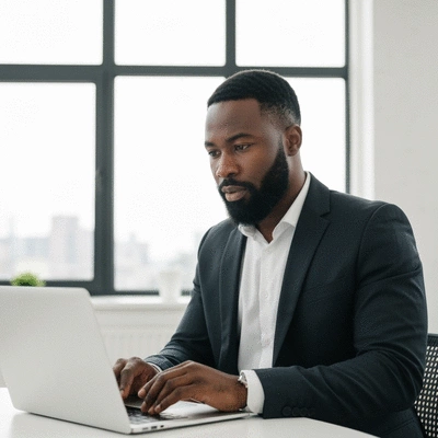 Business owner engaged in continuous learning about AI, looking at an online course on a laptop, clean image