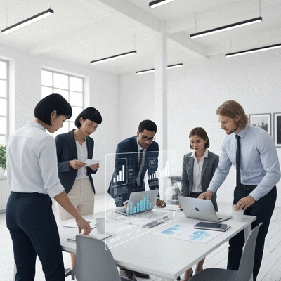 Diverse team of small business professionals collaborating with AI data visualizations