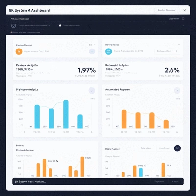 AI system dashboard showing review analytics and automated response features, clean minimal design, no text, no words, no typography, 8K