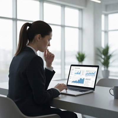 Business owner analyzing review data on a laptop
