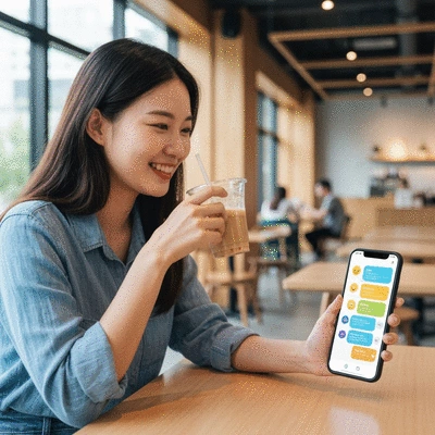 Person interacting with a chatbot on a smartphone, showing personalized conversation flow, modern cafe setting, no text, no words, no typography, 8K