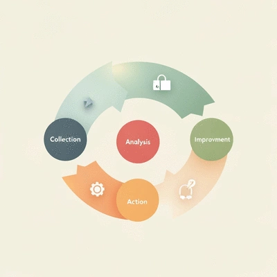 Illustration of a customer feedback loop, showing collection, analysis, action, and improvement stages, clean design