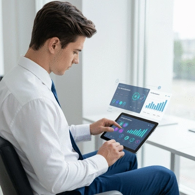 Modern office worker using a tablet to manage lead generation data, with AI-powered analytics overlays