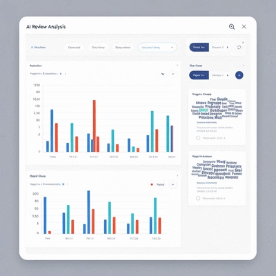 AI-powered review analysis dashboard showing positive and negative sentiments