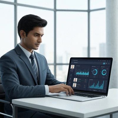 Business professional using AI-powered CRM on a laptop, showing customer profiles and analytics