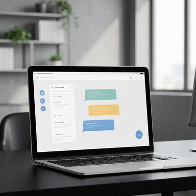 AI chatbot interface on a laptop screen, showing a natural language conversation with a user, clean modern office background, no text, no words, no typography, 8K