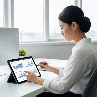 Small business owner analyzing lead generation metrics on a tablet, with graphs and data visualizations