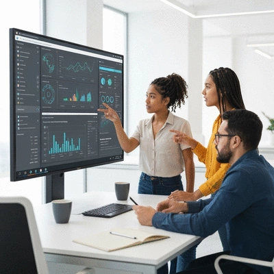Modern office setting with diverse team collaborating on AI lead generation strategies on a large screen, no text, no words, no typography, 8K