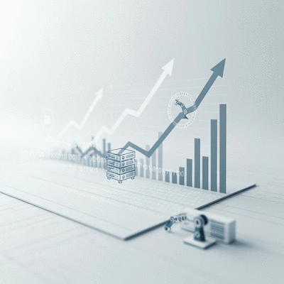AI-driven business growth represented by upward trending graphs and tech icons