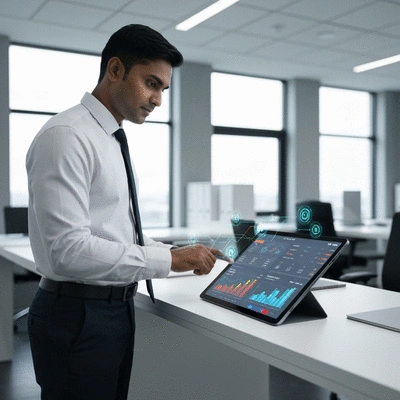 Modern office worker analyzing sales data on a tablet with AI integration graphics