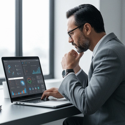 Business professional using AI tools on a laptop for marketing optimization, clean image