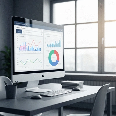 AI analyzing customer feedback data on a screen with graphs and charts