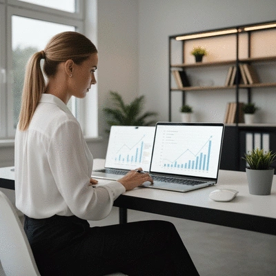 Small business owner reviewing financial charts on a laptop with AI investment trends highlighted