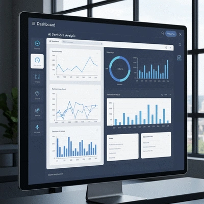 Modern dashboard displaying AI sentiment analysis results with charts and graphs, clean design