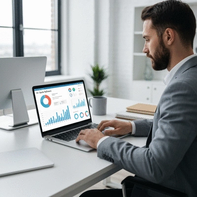 Modern office worker using AI sales software on a laptop