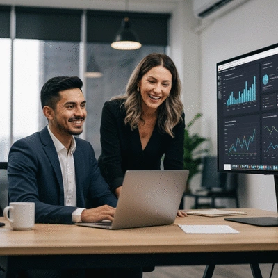 Diverse business team collaborating in a modern office with digital analytics on screen