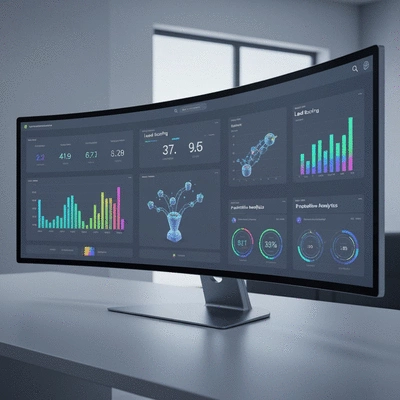 Modern AI sales automation system dashboard on a monitor, showing lead scoring and customer engagement metrics