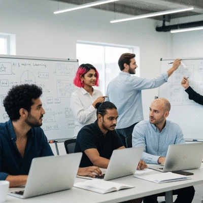 People collaborating on AI and machine learning in a modern office