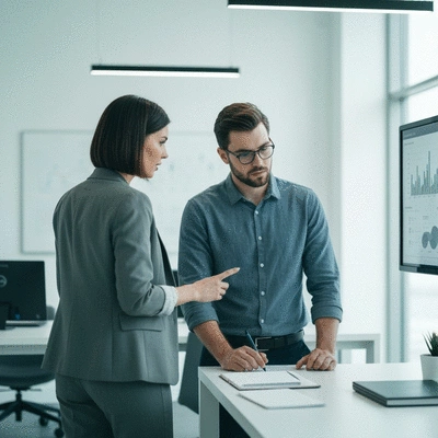 Professional discussing a data visualization on a screen with a client in a modern office setting