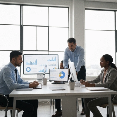 Professional sales team collaborating on a lead response strategy