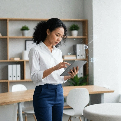 Small business owner looking at data on a tablet, with AI-related graphics overlaid