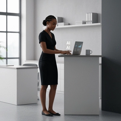 Small business owner confidently using AI tools on a laptop in a modern office