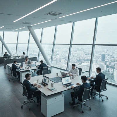 Diverse sales team collaborating around a table, using AI-powered CRM on laptops and tablets, with a modern office background