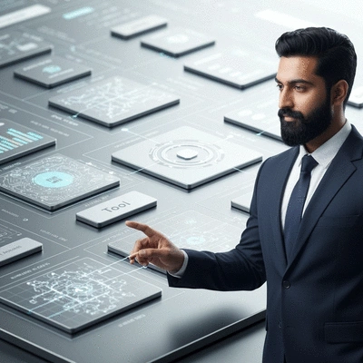 Businessman navigating the AI tool landscape on a digital interface, clean image