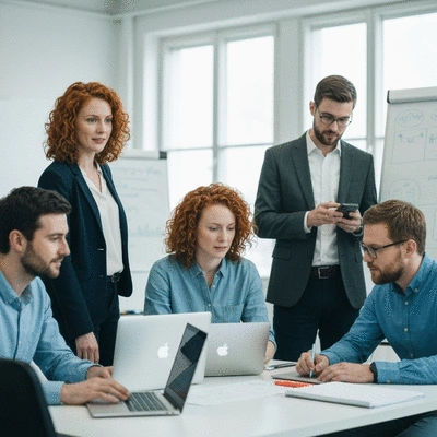 Diverse team collaborating on AI project, using laptops and whiteboards, modern office setting, clean image